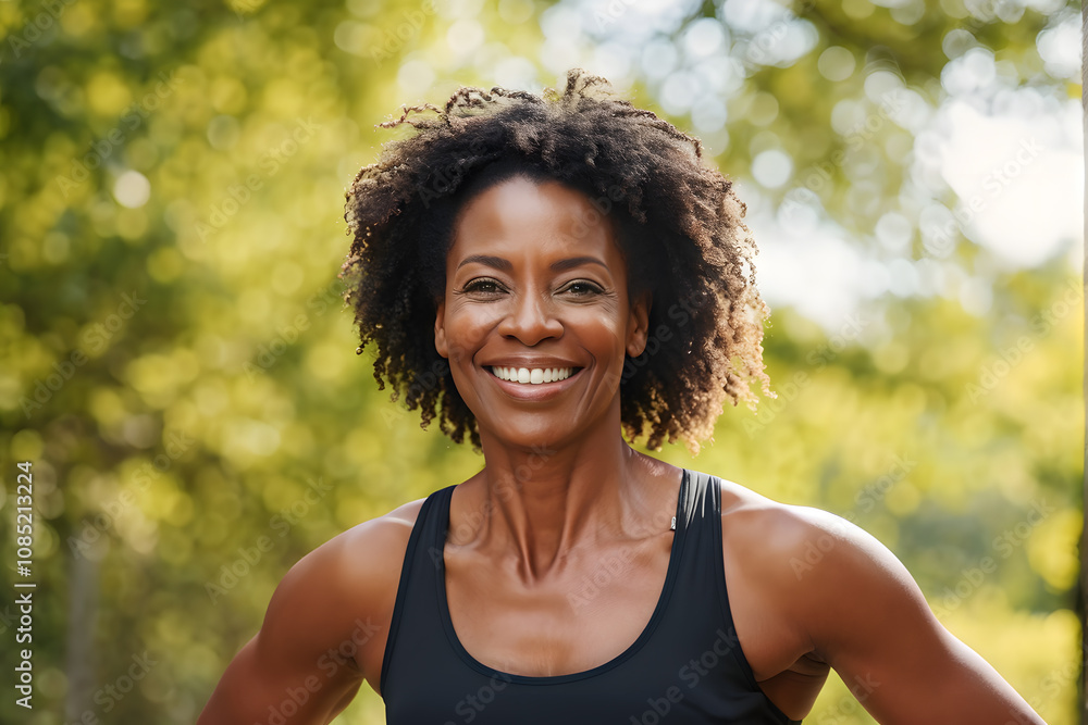A woman with curly hair is smiling and wearing a black tank top A woman with curly hair is smiling and wearing a black tank top