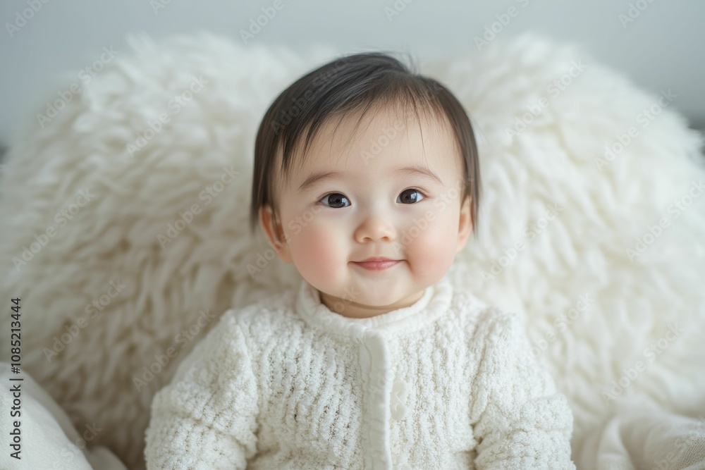 Smiling baby in white sweater on furry blanket. Smiling baby in white sweater on furry blanket.
