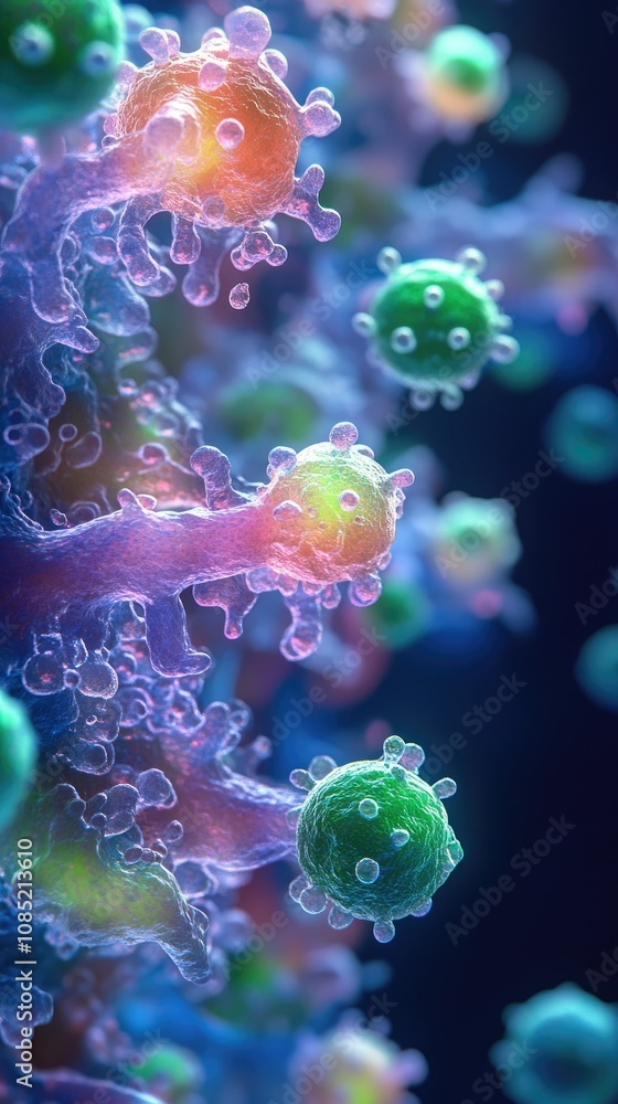 Colorful viruses are attacking cells, causing a medical threat