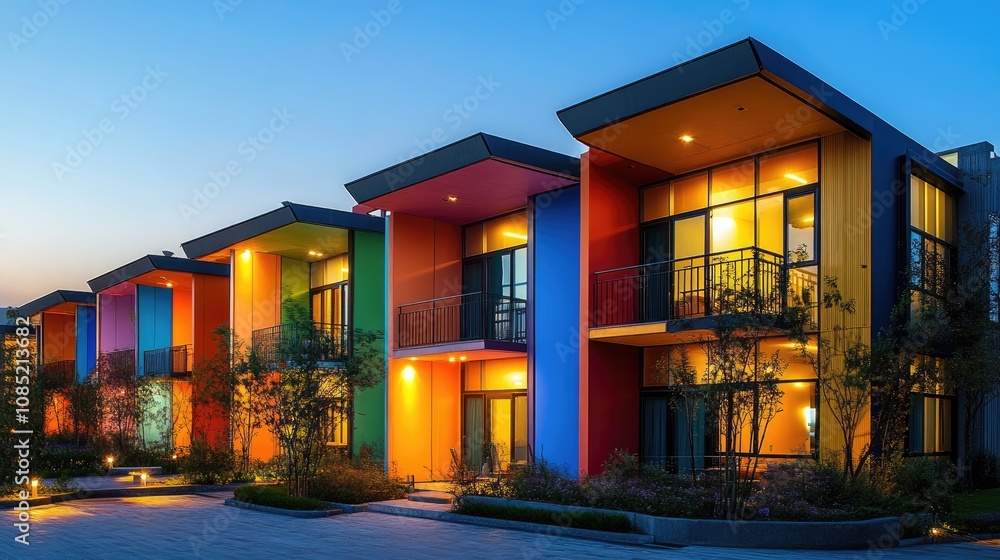 Colorful modern townhouses illuminated at dusk in suburban neighborhood Colorful modern townhouses illuminated at dusk in suburban neighborhood