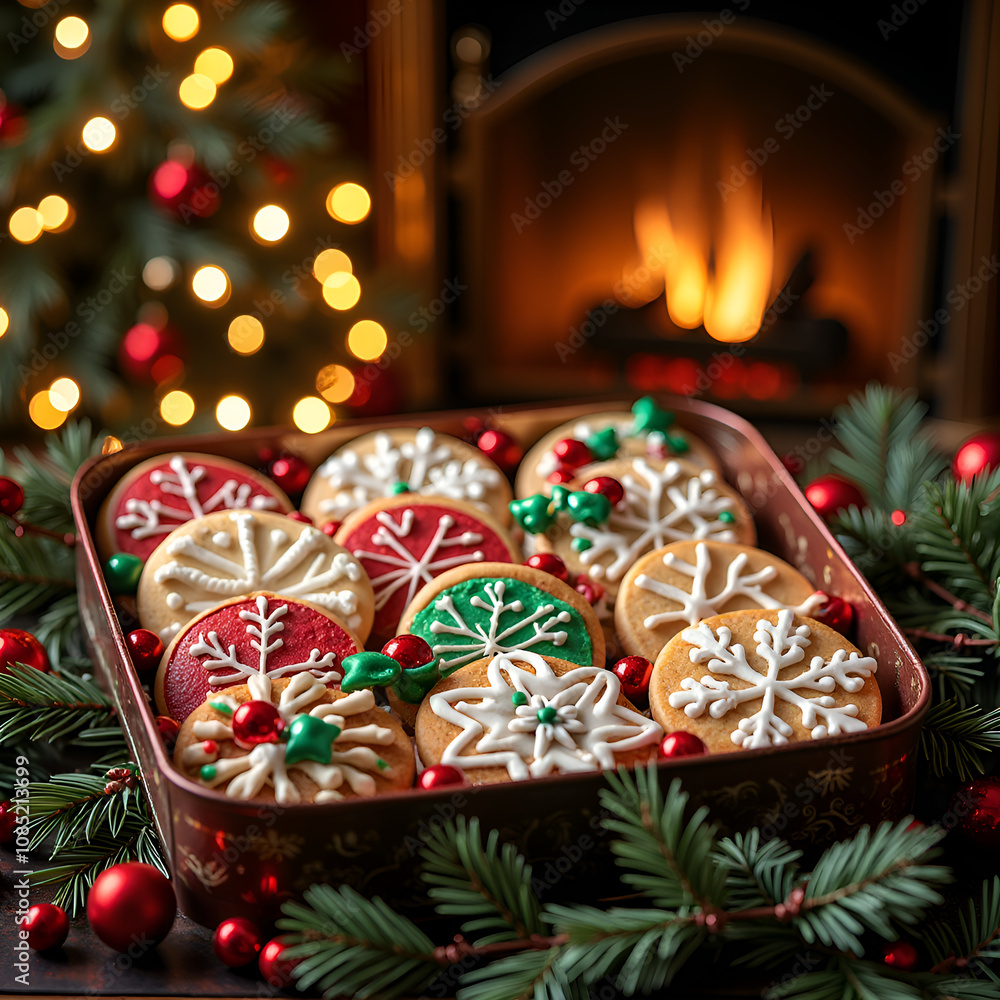 Fototapeta premium A tray of beautifully decorated holiday cookies nestled among pine and ornaments near a cozy fire, photography of still life concept.