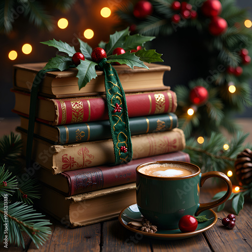 Cozy christmas scene with books, a green mug, and holiday decorations, photography of still life concept.