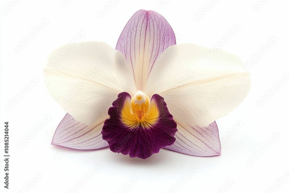Fototapeta premium Single orchid flower, white petals, purple lip.