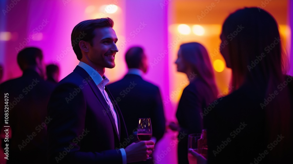 Businessman smiling and holding wine glass at corporate party Businessman smiling and holding wine glass at corporate party