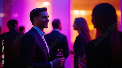 Businessman smiling and holding wine glass at corporate party