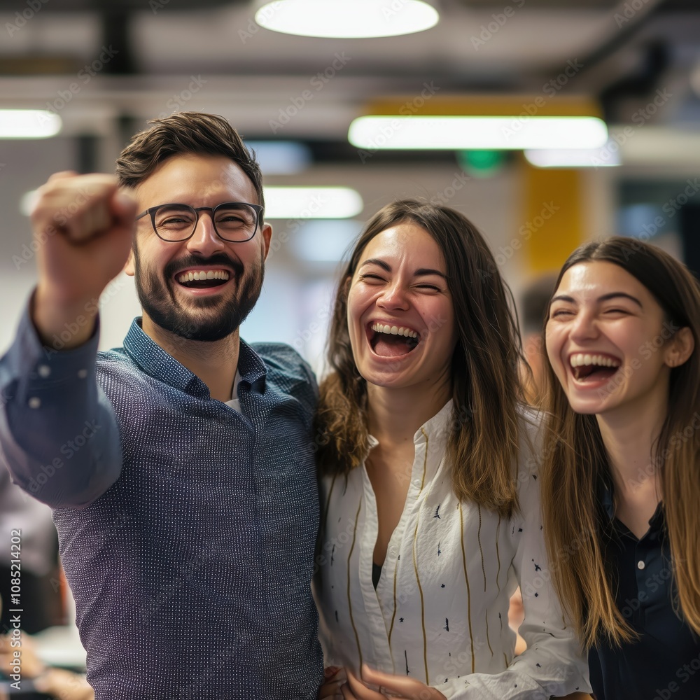 Happy business team celebrating success in office, raising fist and laughing together Happy business team celebrating success in office, raising fist and laughing together