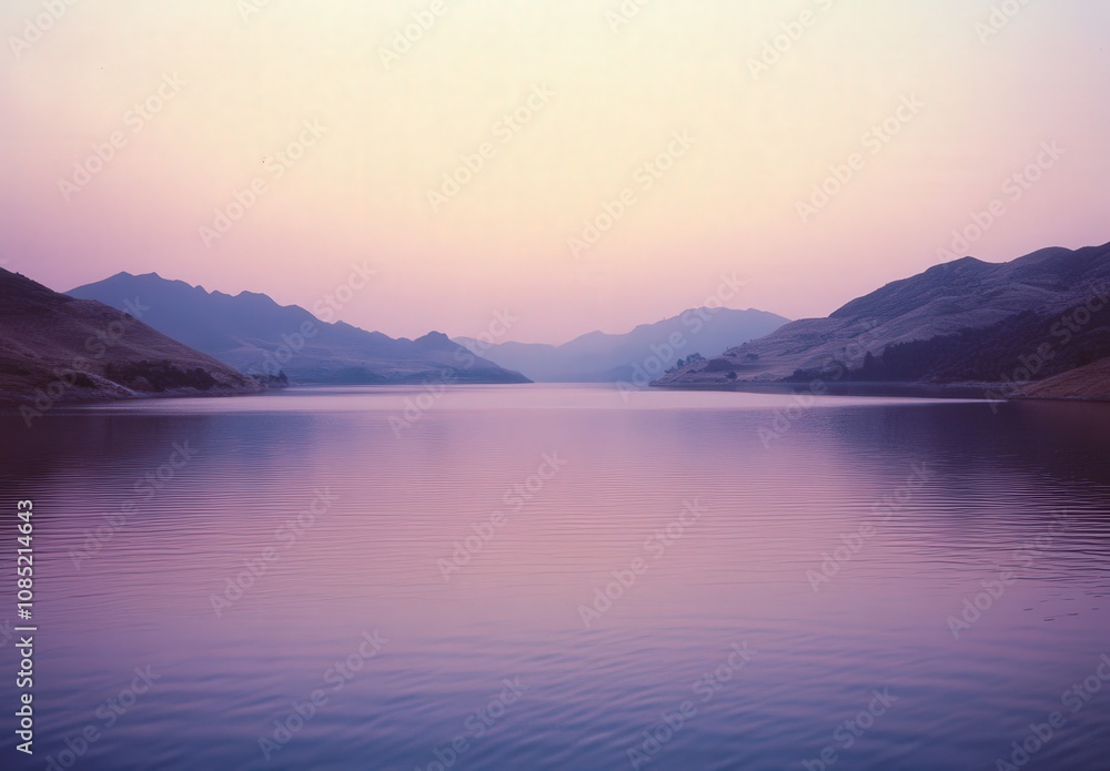 Serene twilight landscape photo showcasing a tranquil lake nestled between majestic mountains under a soft, pastel sky. Serene twilight landscape photo showcasing a tranquil lake nestled between majestic mountains under a soft, pastel sky.