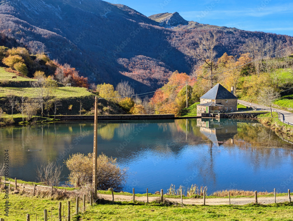 Fototapeta premium Lonely cabin next to a lake, Vall de Lago village, Somiedo Natural Park and Biosphere Reserve, Asturias, Spain, Europe