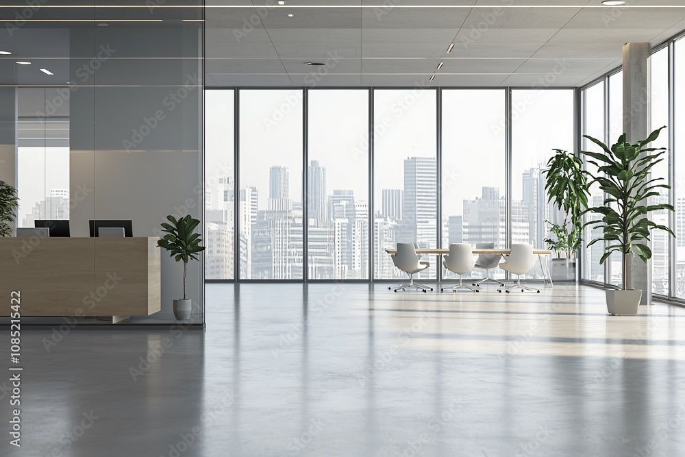 Fototapeta premium Modern Office Interior with City View and Greenery