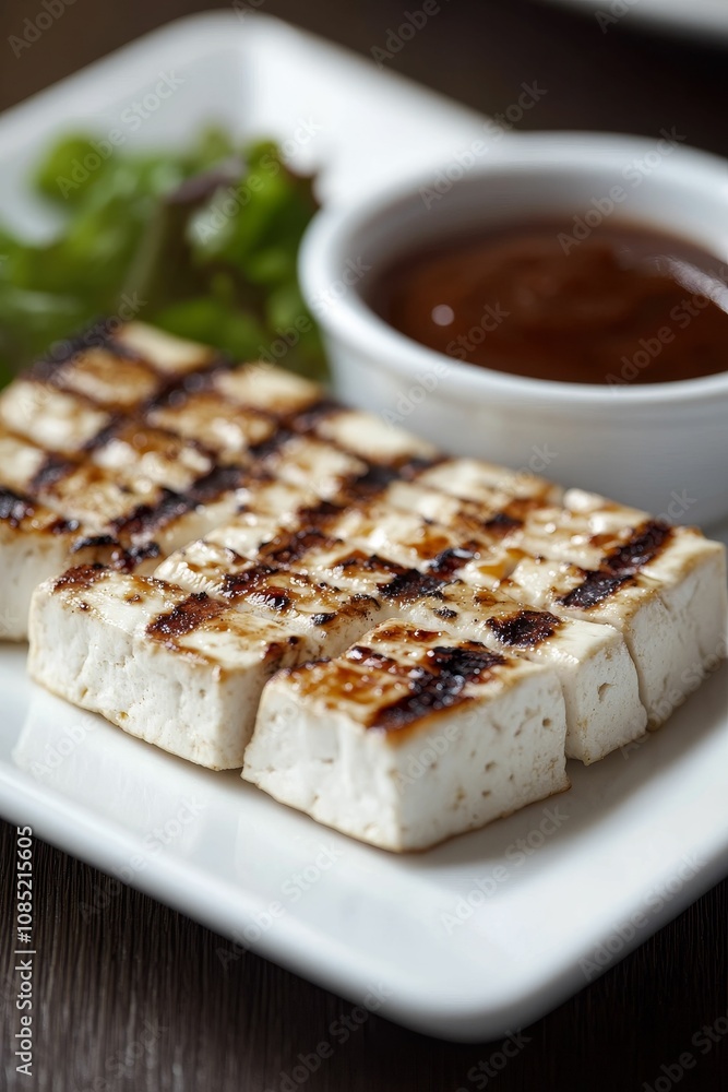 Grilled tofu with sauce and salad on a plate. Grilled tofu with sauce and salad on a plate.