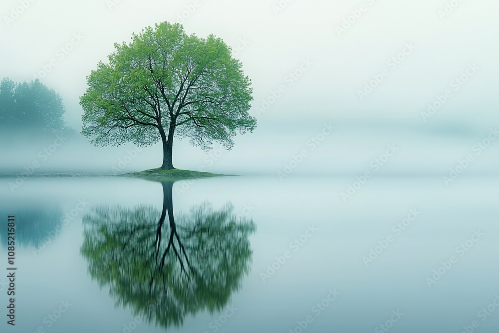 Serene Reflections of Nature: A Lone Tree in Misty Waters Serene Reflections of Nature: A Lone Tree in Misty Waters