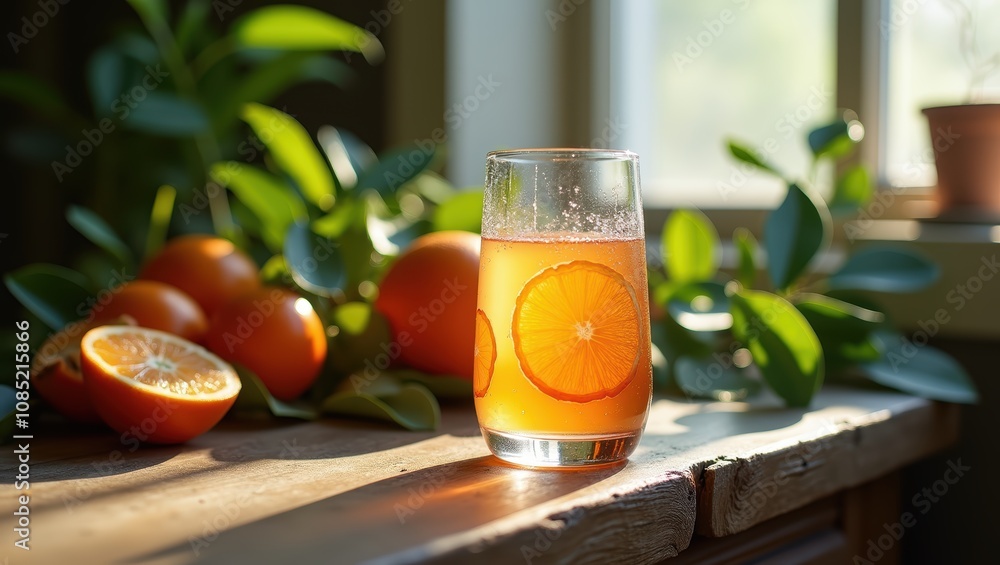Refreshing Orange Juice in Sunlight with Fresh Oranges Refreshing Orange Juice in Sunlight with Fresh Oranges