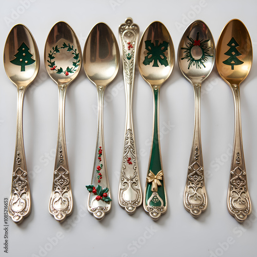 A cheerful collection of ornately designed spoons with holiday themed decorations for festive celebrations, photography of product display concept. photo