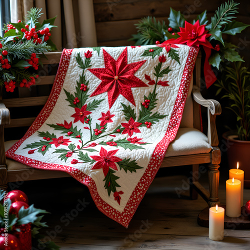 A cozy christmas scene featuring a poinsettia quilt, candles, and holiday decor, photography of still life concept.