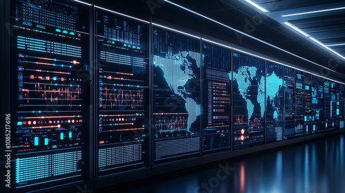 Multiple digital screens displaying global network map with data nodes and glowing connections across continents. Real-time data streams and statistics emphasize the expansive reach 