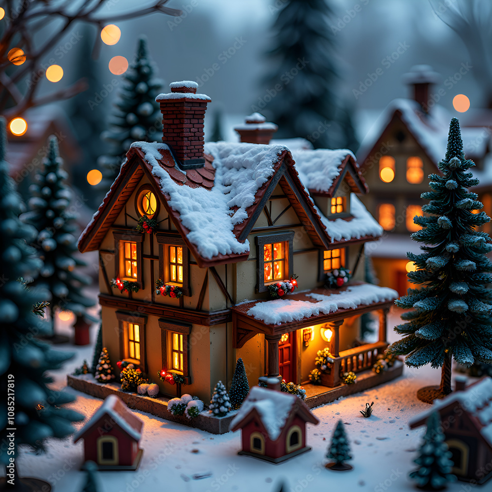Fototapeta premium Charming snow covered cottage illuminated by warm lights in a winter wonderland setting, photography of winter scene concept.
