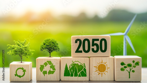 Five wooden blocks feature 2050 and symbols representing recycling, trees, mountains, the sun, and a plant