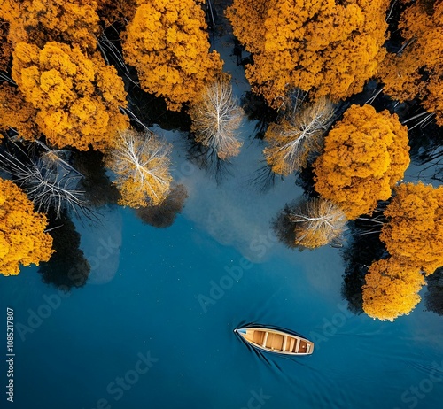 Top view of the autumn forest reflected in a clear river, autumn leaves on the water photo