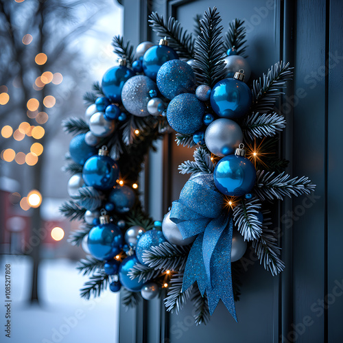 A beautiful blue and silver christmas wreath adorning a door surrounded by snow and festive lights, photograph of seasonaldecor concept. photo