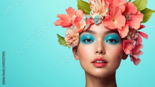 A woman with a flower headdress and blue eyeshadow