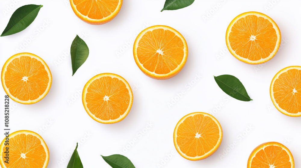 Fresh orange slices surrounded by green leaves on a white background, creating a vibrant and healthy aesthetic. Fresh orange slices surrounded by green leaves on a white background, creating a vibrant and healthy aesthetic.