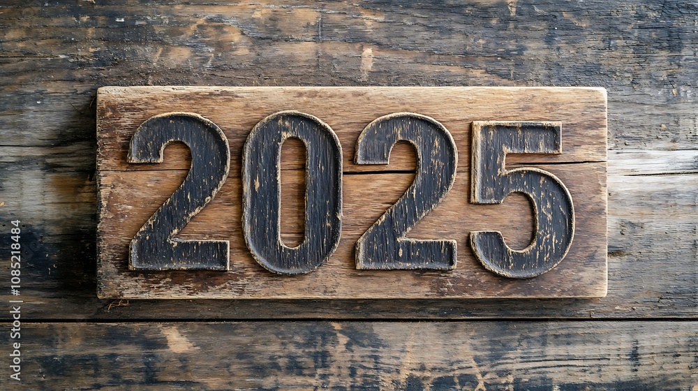 Rustic wooden sign displaying the year 2025. Aged, dark wood texture. Rustic wooden sign displaying the year 2025. Aged, dark wood texture.