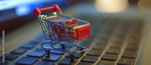 A small shopping cart rests on a laptop keyboard, filled with miniature boxes photo