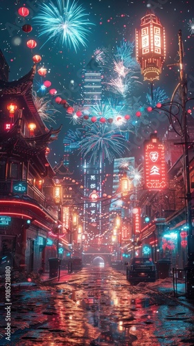 Wallpaper Mural A city street with traditional Chinese architecture, decorated with lanterns and fireworks, at night. Torontodigital.ca