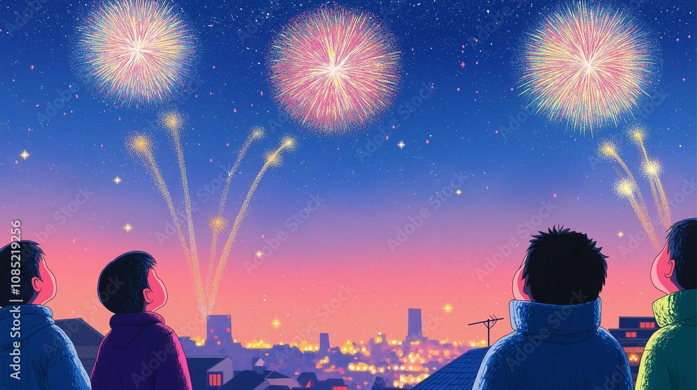 Fototapeta premium children watching fireworks at night, happy new year concept
