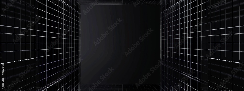 Naklejka premium Black Background with Grid Lines and Dots, Banner Template with White Space for Text. Abstract Minimalist Wallpaper with Copy Space on Black Background. Stylish Modern Wallpaper.