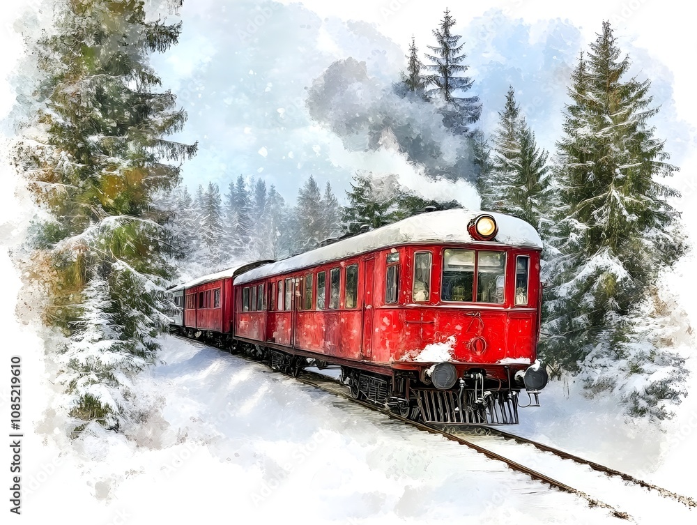 Oil painting of a rustic style winter red train on track surrounded by snowy pine trees enchanting on white background Oil painting of a rustic style winter red train on track surrounded by snowy pine trees enchanting on white background