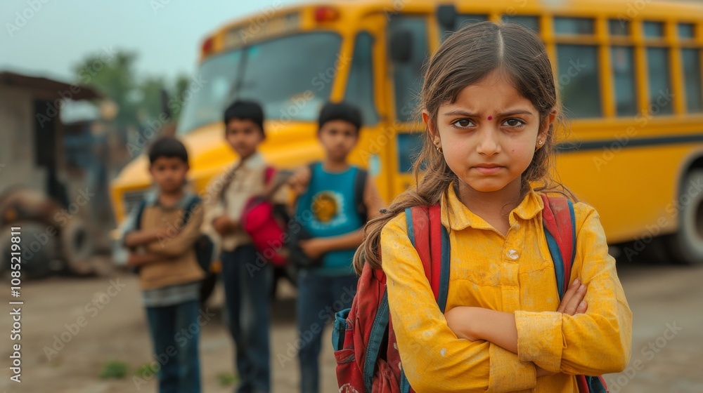 Sad Child Standing in Front of School Bus with Crossed Arms and Downcast Expression, Surrounded by Peers Ready for School Day Sad Child Standing in Front of School Bus with Crossed Arms and Downcast Expression, Surrounded by Peers Ready for School Day