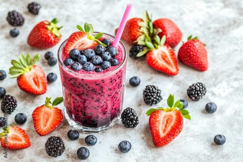 Berry smoothie with strawberries, blueberries, blackberries.