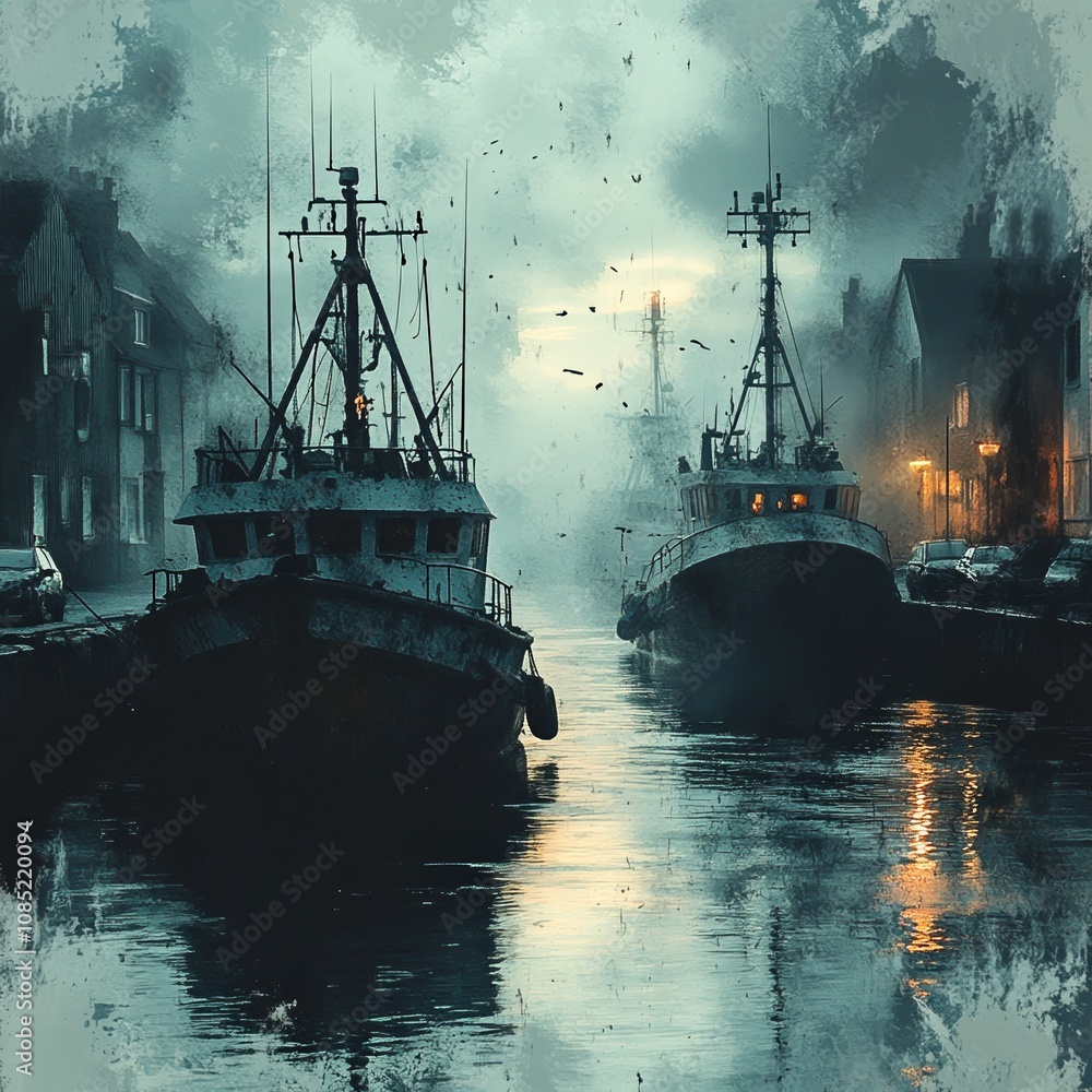 Two fishing boats are docked in a harbor, shrouded in fog and mystery. Two fishing boats are docked in a harbor, shrouded in fog and mystery.