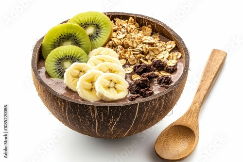 Chocolate smoothie bowl, fruit, granola, coconut shell. photo