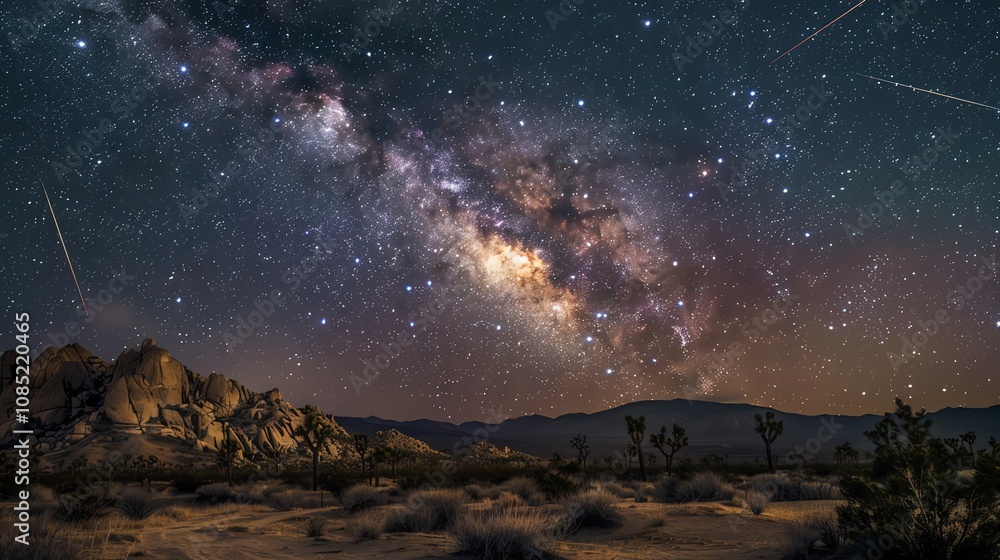 The Milky Way and shooting stars over a desert landscape. The Milky Way and shooting stars over a desert landscape.