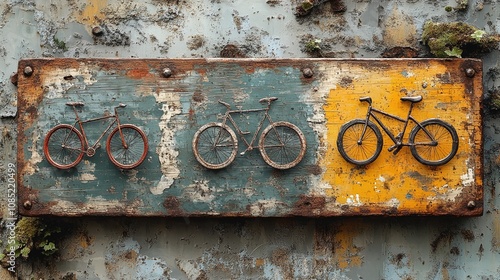 Three bicycles are displayed on a rustic, weathered wooden sign, painted in shades of blue, green, and yellow.