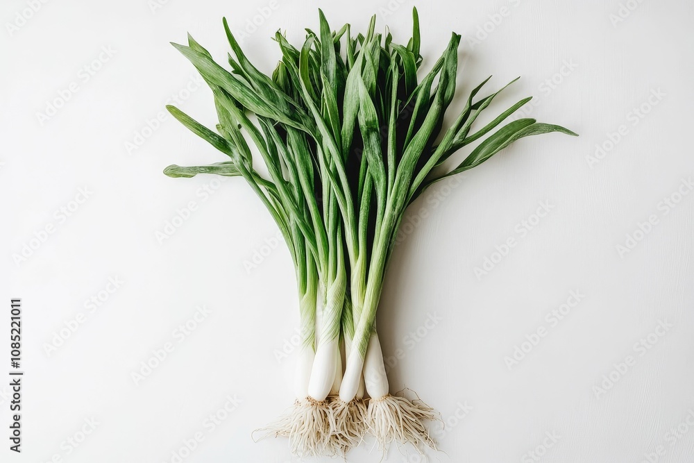 Three green onions, roots intact, white background. Three green onions, roots intact, white background.