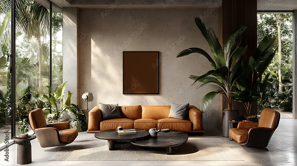 Fototapeta premium Modern living room with leather furniture and lush greenery.