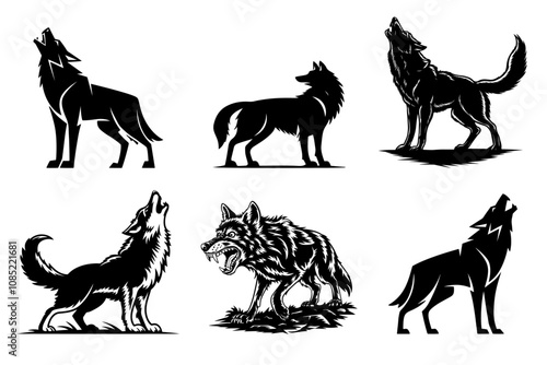 Howling Wolf silhouette vector set illustration, Wolf  Vector Set. Set of wolf animal silhouette on transparent background