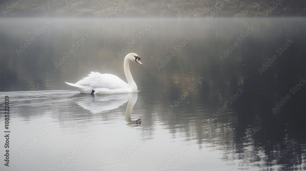 Solitary Swan in a Misty Lake Solitary Swan in a Misty Lake