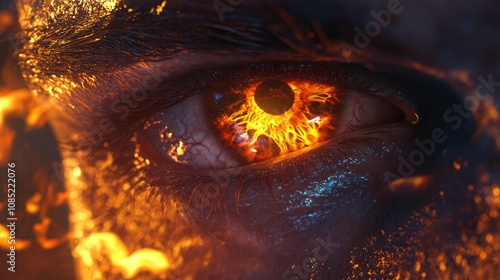 Intense Warrior's Eye in Dark Fantasy Battlefield - 3D Render with Flames of Battle Reflecting Emotions of Rage and Vengeance