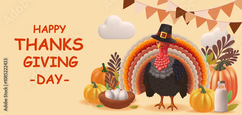 Thanksgiving day banner. Holiday background with realistic 3d turkey and orange pumpkin in pilgrim hat,header for website Modern banner for design. Vector illustration.