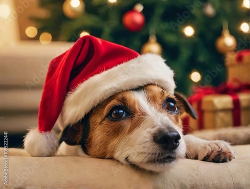 Jack Russell Terrier in a Christmas hat