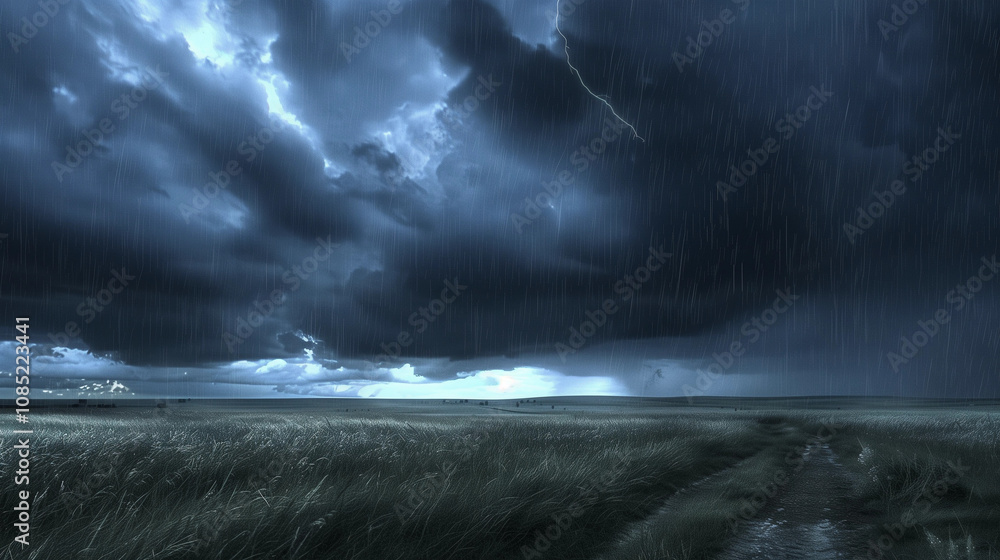 Obraz premium Dark storm clouds lightning field night landscape moody dramatic rain weather nature background concept banner copy space backdrop scary stormy danger hail afternoon Australia rural farm land