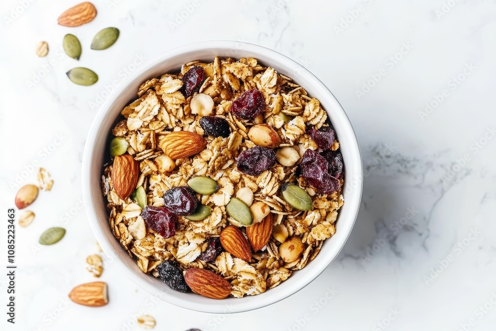 Granola bowl, nuts, seeds, cranberries, delicious. Granola bowl, nuts, seeds, cranberries, delicious.