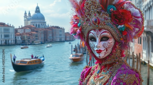 Elegant Venetian Carnival Scene with People in Ornate, Colorful Masks and Costumes - Capturing the Spirit of Venice's Iconic Celebration