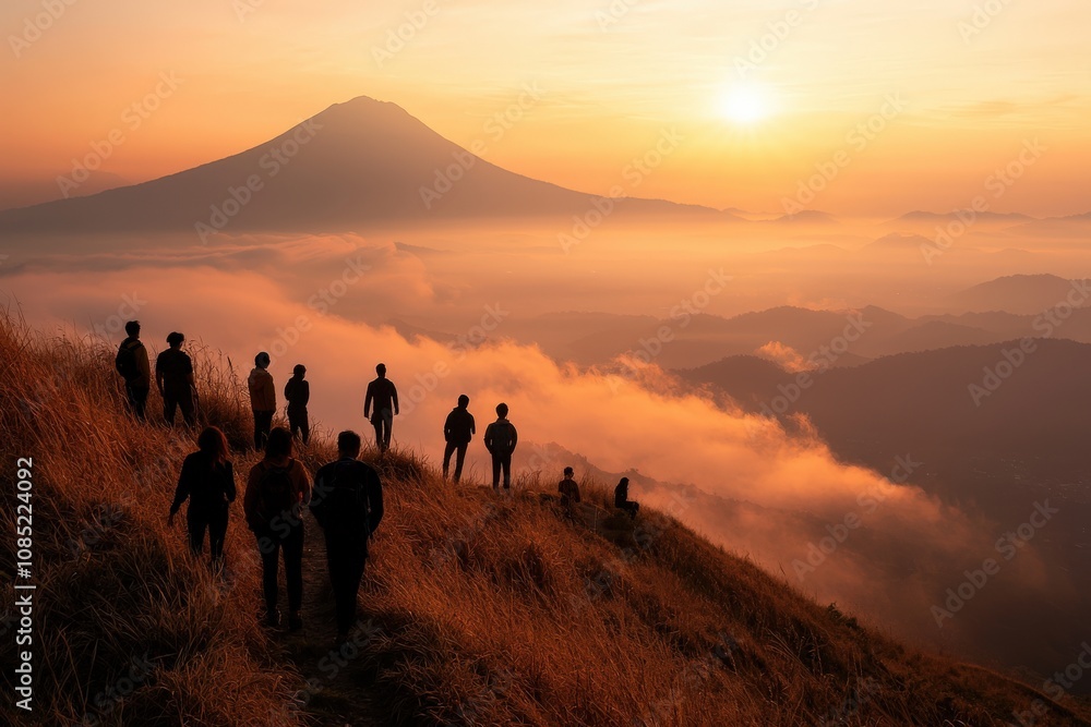 Fototapeta premium Hikers silhouetted against a breathtaking sunrise over a misty mountain range, capturing the serenity and adventure of exploring nature.