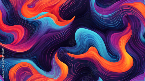 A colorful, abstract painting with a blue and orange swirl