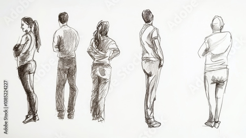 People Standing in Various Poses Sketch Illustration